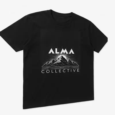 Retro halftone design of mountains and sunrise with 'ALMA COLLECTIVE' text — printed on a unisex t-shirt (angled view)