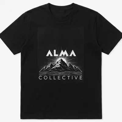 Retro halftone design of mountains and sunrise with 'ALMA COLLECTIVE' text — printed on a unisex t-shirt