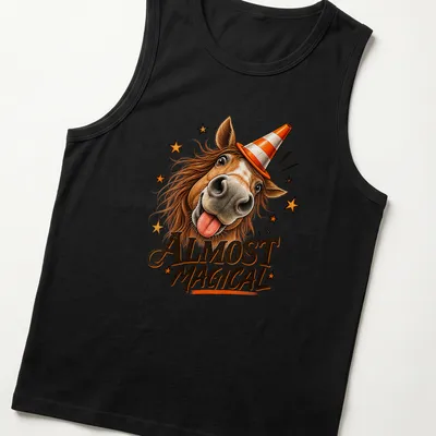 Colorful cartoon horse in a party hat, surrounded by stars and the text Almost Magical — printed on a tank top