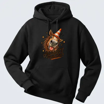 Colorful cartoon horse in a party hat, surrounded by stars and the text Almost Magical — printed on a unisex hoodie
