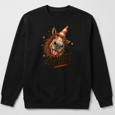 Colorful cartoon horse in a party hat, surrounded by stars and the text Almost Magical — printed on a unisex sweatshirt