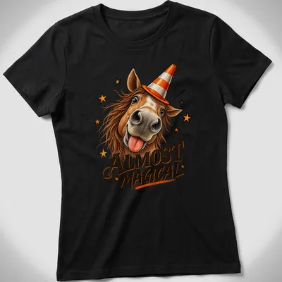 Colorful cartoon horse in a party hat, surrounded by stars and the text Almost Magical — printed on a women's shirt