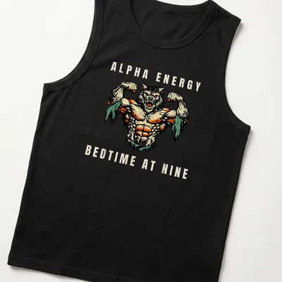 Vintage comic style shirt featuring a muscular werewolf and humorous text. — printed on a tank top