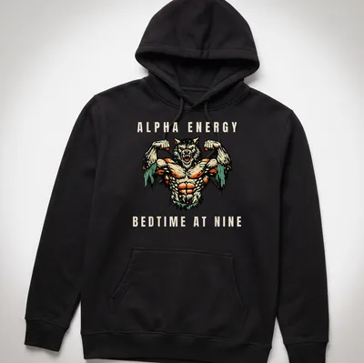 Vintage comic style shirt featuring a muscular werewolf and humorous text. — printed on a unisex hoodie