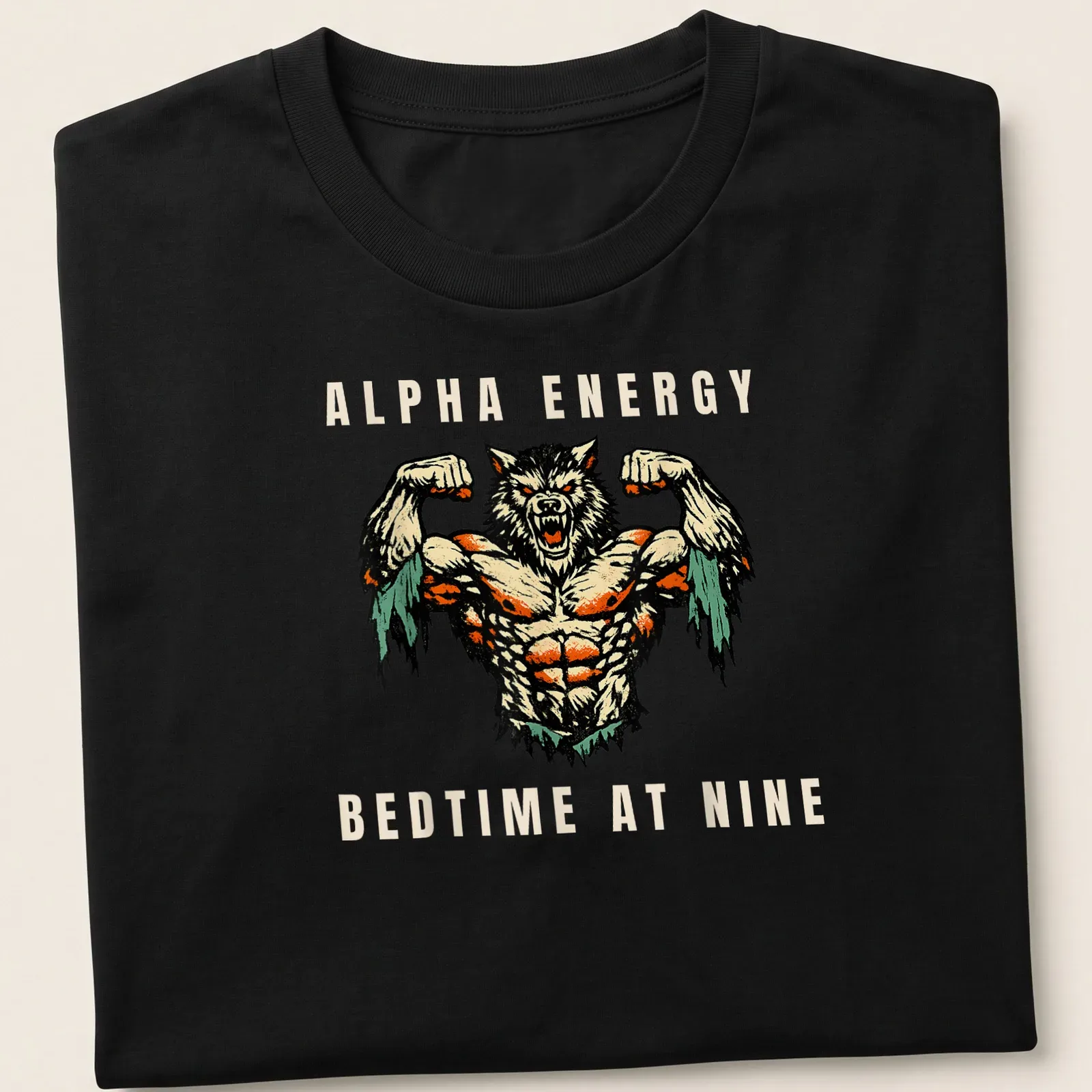 Vintage comic style shirt featuring a muscular werewolf and humorous text. — printed on a unisex t-shirt