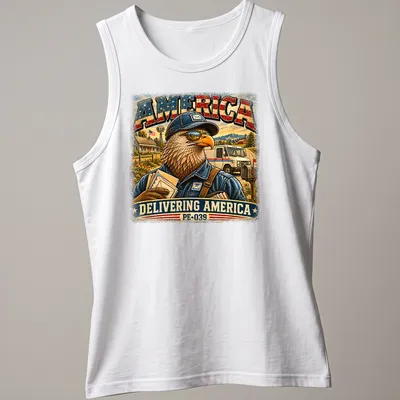 Vintage eagle mail carrier design with text, Americana theme in red, blue, cream, brown, and green. — printed on a tank top