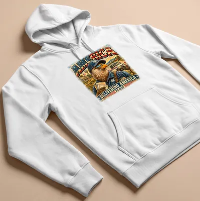 Vintage eagle mail carrier design with text, Americana theme in red, blue, cream, brown, and green. — printed on a unisex hoodie