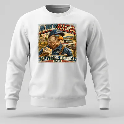 Vintage eagle mail carrier design with text, Americana theme in red, blue, cream, brown, and green. — printed on a unisex sweatshirt