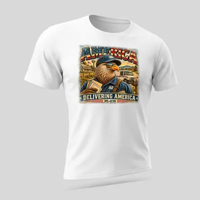 Vintage eagle mail carrier design with text, Americana theme in red, blue, cream, brown, and green. — printed on a unisex t-shirt (angled view)