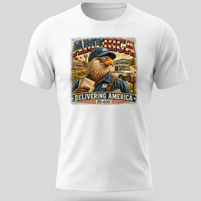 Vintage eagle mail carrier design with text, Americana theme in red, blue, cream, brown, and green. — printed on a unisex t-shirt
