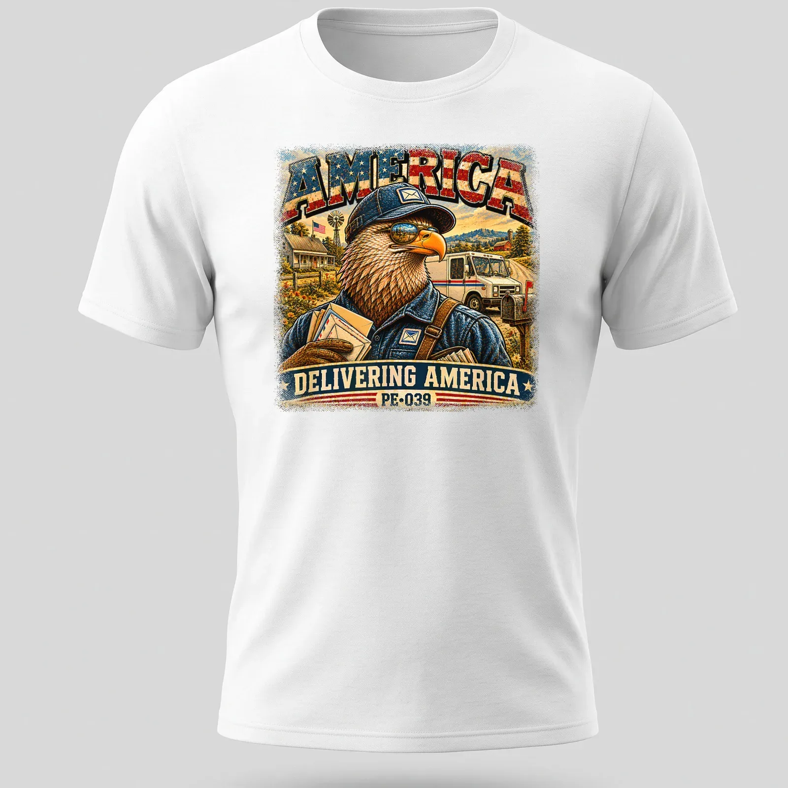 Vintage eagle mail carrier design with text, Americana theme in red, blue, cream, brown, and green. — printed on a unisex t-shirt