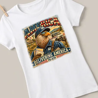 Vintage eagle mail carrier design with text, Americana theme in red, blue, cream, brown, and green. — printed on a women's shirt