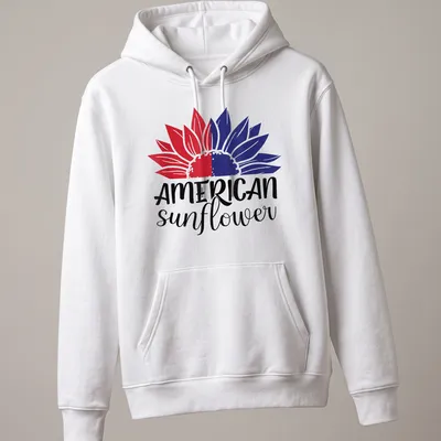 Bold illustration of an American sunflower in red, white, and blue colors — printed on a unisex hoodie