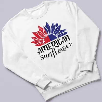 Bold illustration of an American sunflower in red, white, and blue colors — printed on a unisex sweatshirt