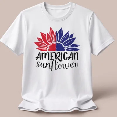 Bold illustration of an American sunflower in red, white, and blue colors