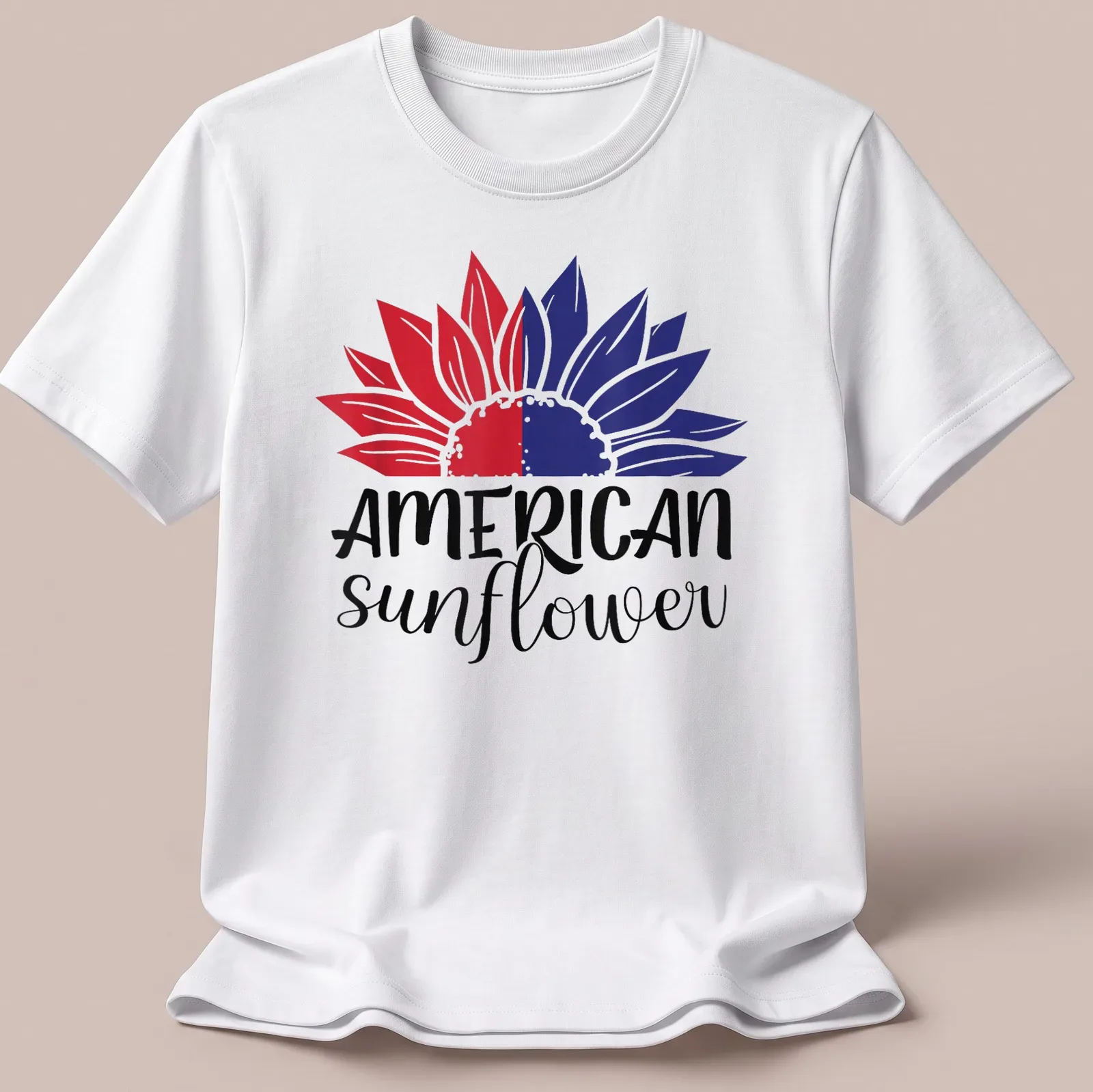 Bold illustration of an American sunflower in red, white, and blue colors — printed on a unisex t-shirt