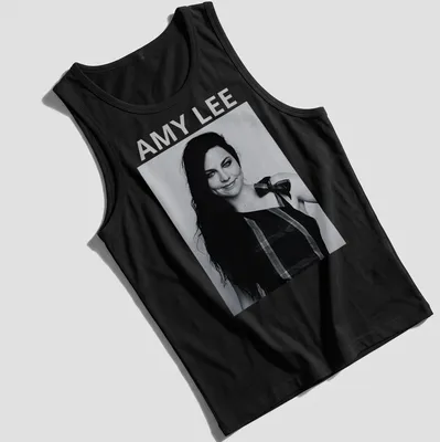 Black and white portrait of Amy Lee with bold lettering underneath — printed on a tank top