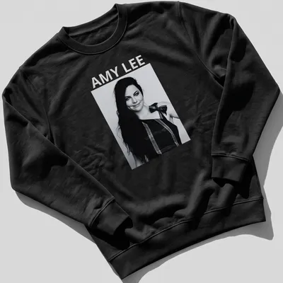 Black and white portrait of Amy Lee with bold lettering underneath — printed on a unisex sweatshirt