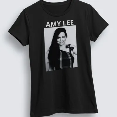 Black and white portrait of Amy Lee with bold lettering underneath — printed on a women's shirt