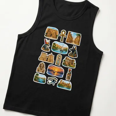 Colorful collage of Egyptian temples and gods on a — printed on a tank top