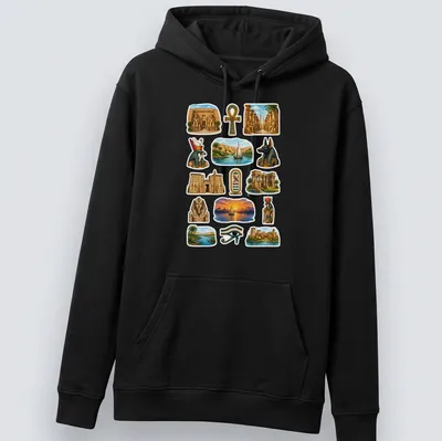 Colorful collage of Egyptian temples and gods on a — printed on a unisex hoodie