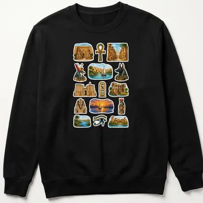 Colorful collage of Egyptian temples and gods on a — printed on a unisex sweatshirt