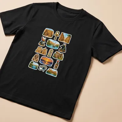 Colorful collage of Egyptian temples and gods on a T-shirt