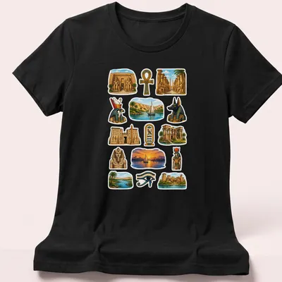 Colorful collage of Egyptian temples and gods on a — printed on a women's shirt