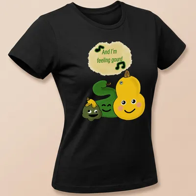 Kawaii cartoon t-shirt with cute vegetables and text about feeling gourd — printed on a women's shirt
