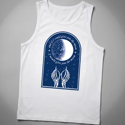 Vintage illustration of skeleton hands reaching for the moon with heartfelt text. — printed on a tank top