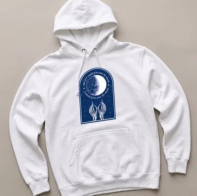Vintage illustration of skeleton hands reaching for the moon with heartfelt text. — printed on a unisex hoodie