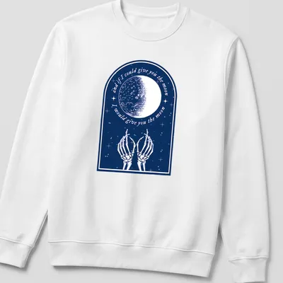 Vintage illustration of skeleton hands reaching for the moon with heartfelt text. — printed on a unisex sweatshirt