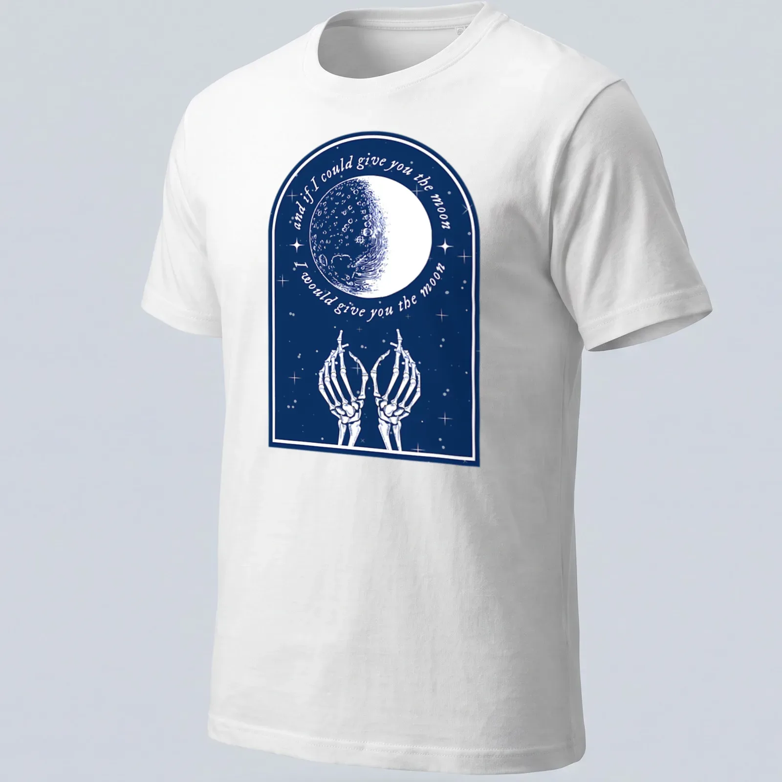 Vintage illustration of skeleton hands reaching for the moon with heartfelt text. — printed on a unisex t-shirt