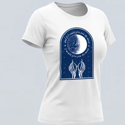 Vintage illustration of skeleton hands reaching for the moon with heartfelt text. — printed on a women's shirt