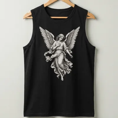 Realistic angel statue graphic in white, grey, and black on — printed on a tank top