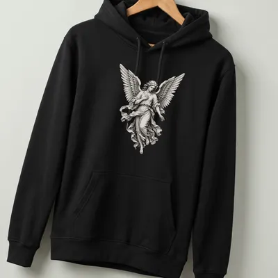 Realistic angel statue graphic in white, grey, and black on — printed on a unisex hoodie