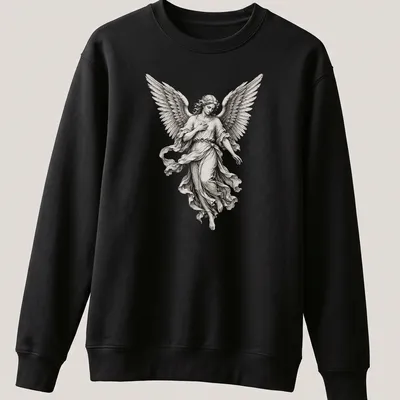 Realistic angel statue graphic in white, grey, and black on — printed on a unisex sweatshirt