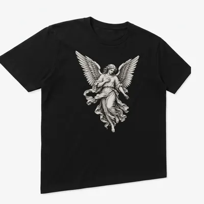 Realistic angel statue graphic in white, grey, and black on — printed on a unisex t-shirt (angled view)