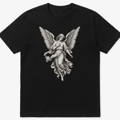 Realistic angel statue graphic in white, grey, and black on T-shirt