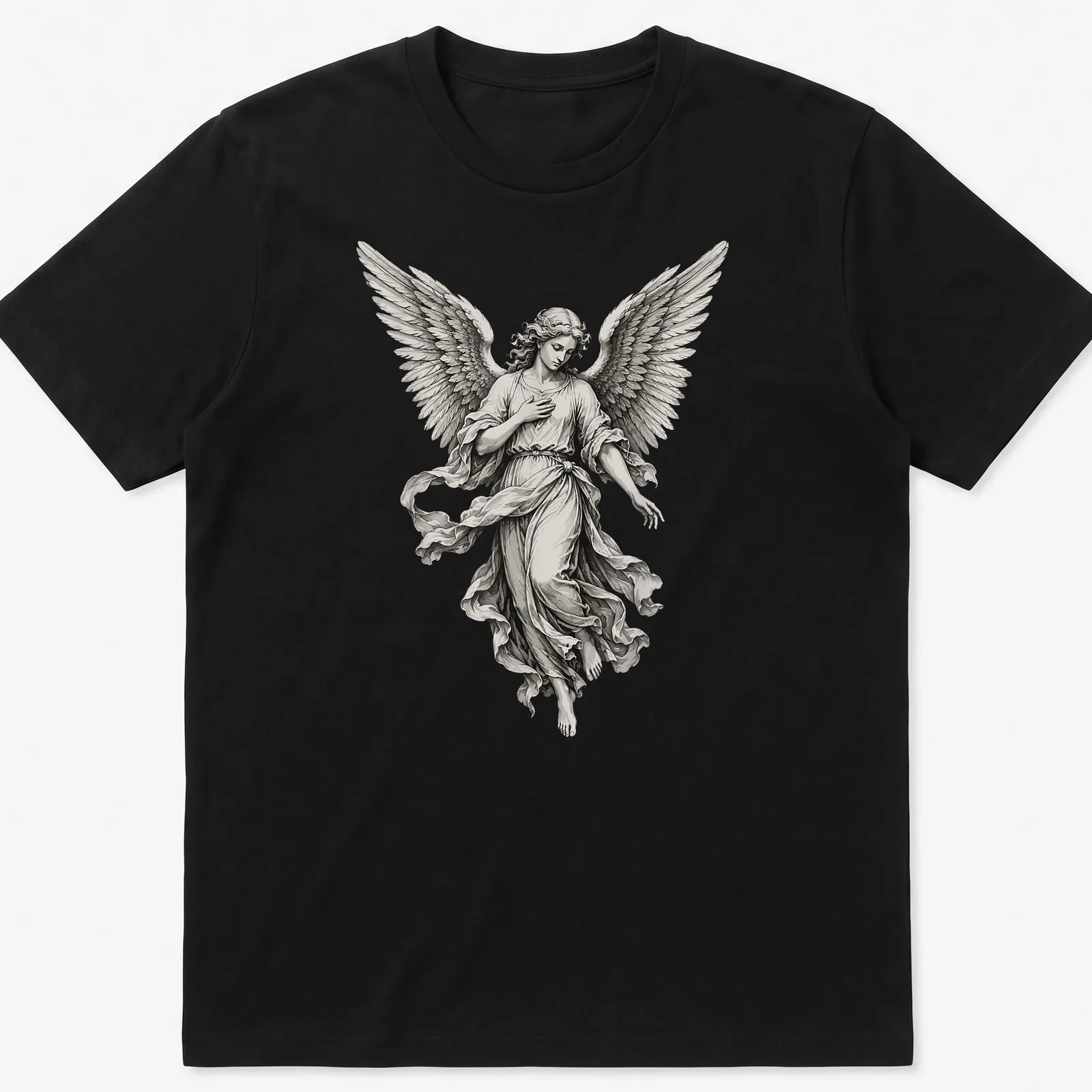 Realistic angel statue graphic in white, grey, and black on — printed on a unisex t-shirt