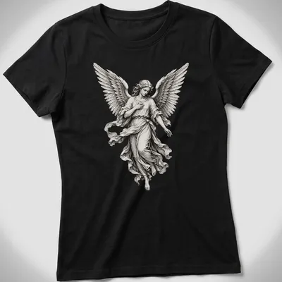Realistic angel statue graphic in white, grey, and black on — printed on a women's shirt