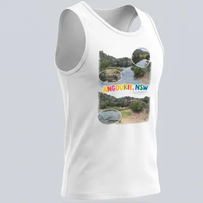 Colorful illustration of a scenic landscape depicting water and rocks with text "ANGOURIE, NSW" — printed on a tank top