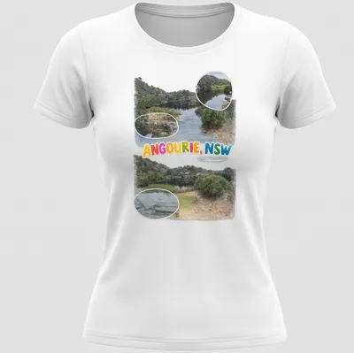 Colorful illustration of a scenic landscape depicting water and rocks with text "ANGOURIE, NSW" — printed on a women's shirt