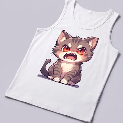 Cartoon of an angry cute cat with red eyes in gray, white, black. — printed on a tank top