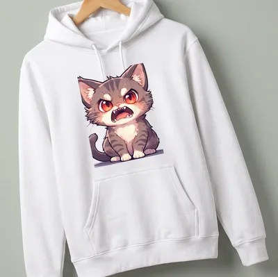 Cartoon of an angry cute cat with red eyes in gray, white, black. — printed on a unisex hoodie