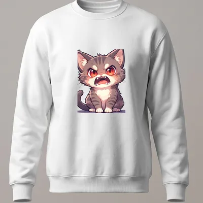Cartoon of an angry cute cat with red eyes in gray, white, black. — printed on a unisex sweatshirt