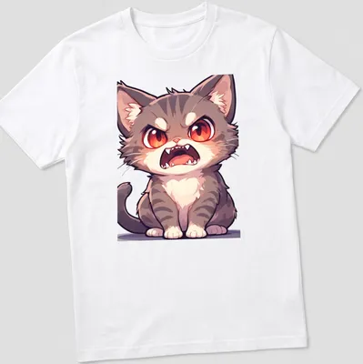 Cartoon of an angry cute cat with red eyes in gray, white, black. — printed on a unisex t-shirt