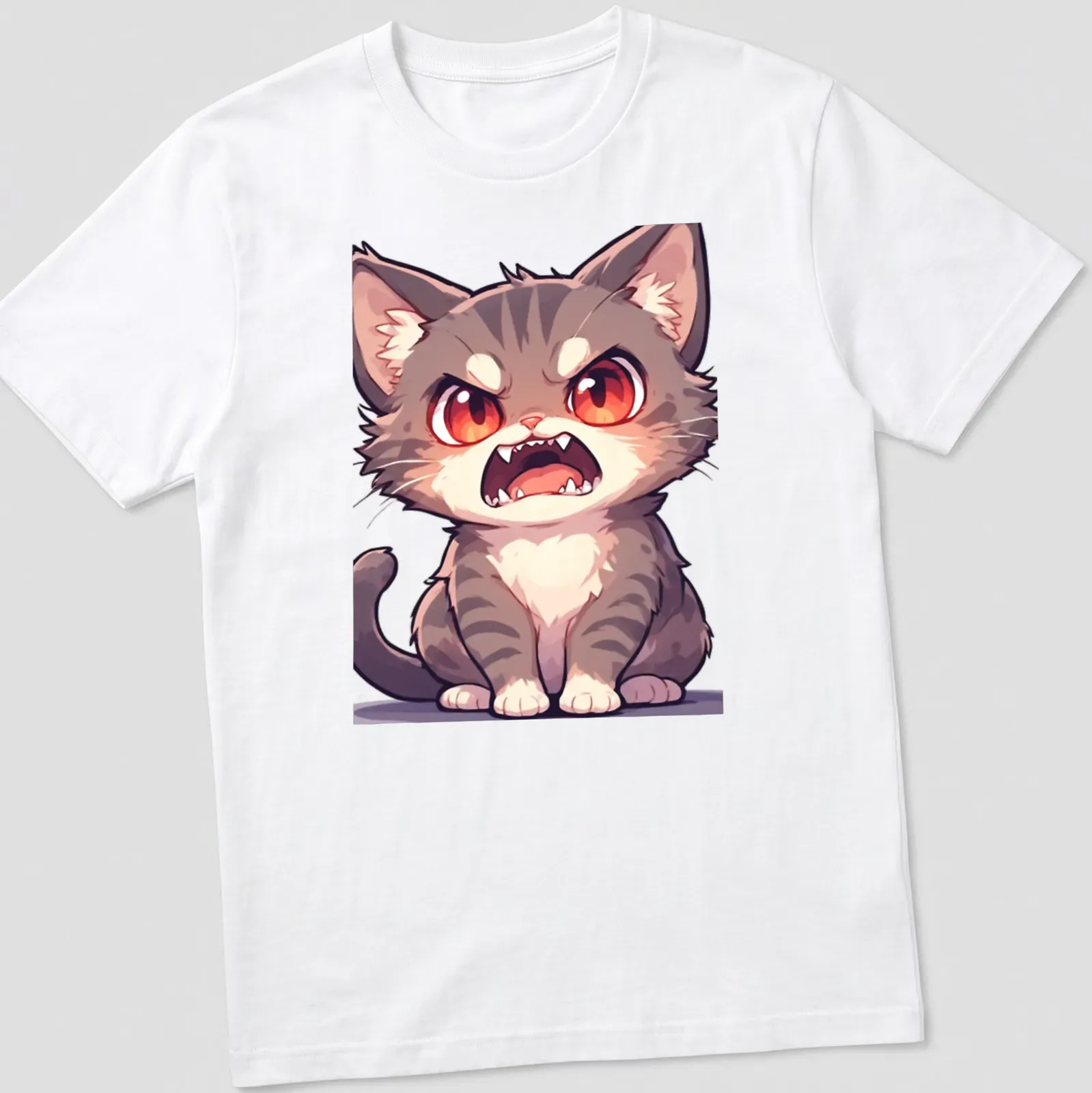 Cartoon of an angry cute cat with red eyes in gray, white, black. — printed on a unisex t-shirt