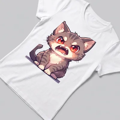 Cartoon of an angry cute cat with red eyes in gray, white, black. — printed on a women's shirt