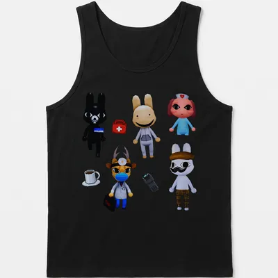 Kawaii animal hospital characters in black, white, brown, blue, red, and pink. — printed on a tank top